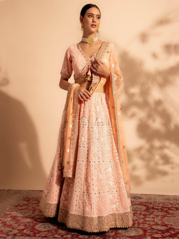 Magnificent Peach Embroidered Georgette Bridesmaid Lehenga Choli - Zeel Clothing