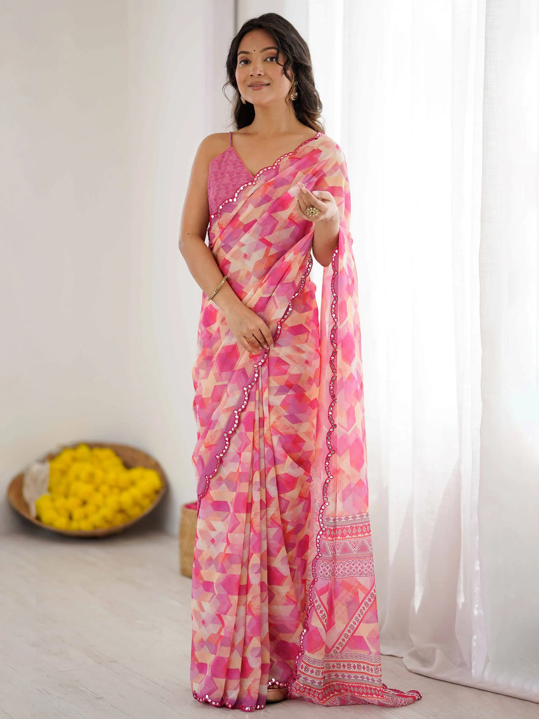 Magnificent Pink Digital Printed Georgette Engagement Wear Saree With Blouse
