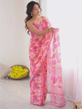 Magnificent Pink Digital Printed Georgette Engagement Wear Saree With Blouse
