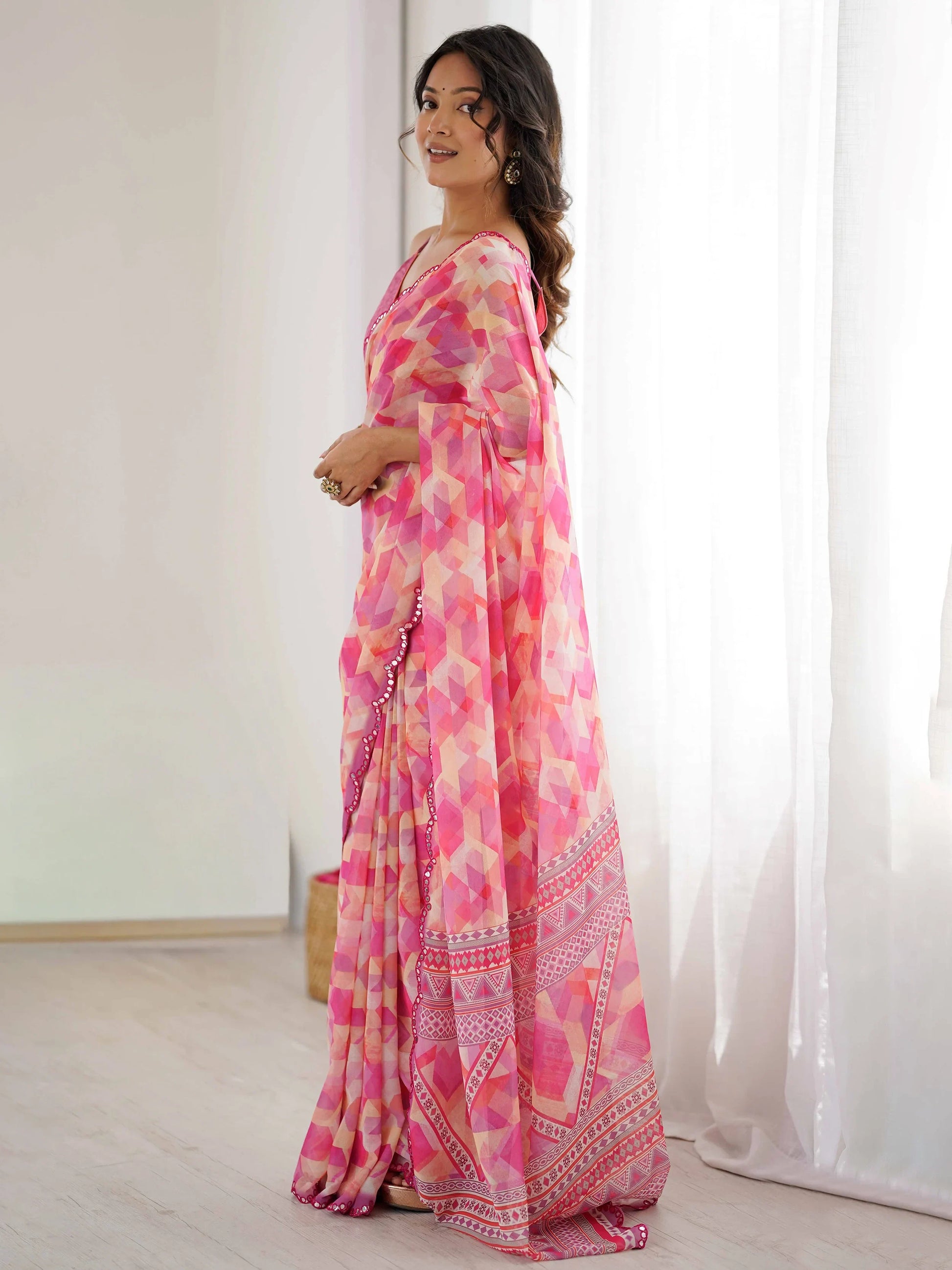 Magnificent Pink Digital Printed Georgette Engagement Wear Saree With Blouse