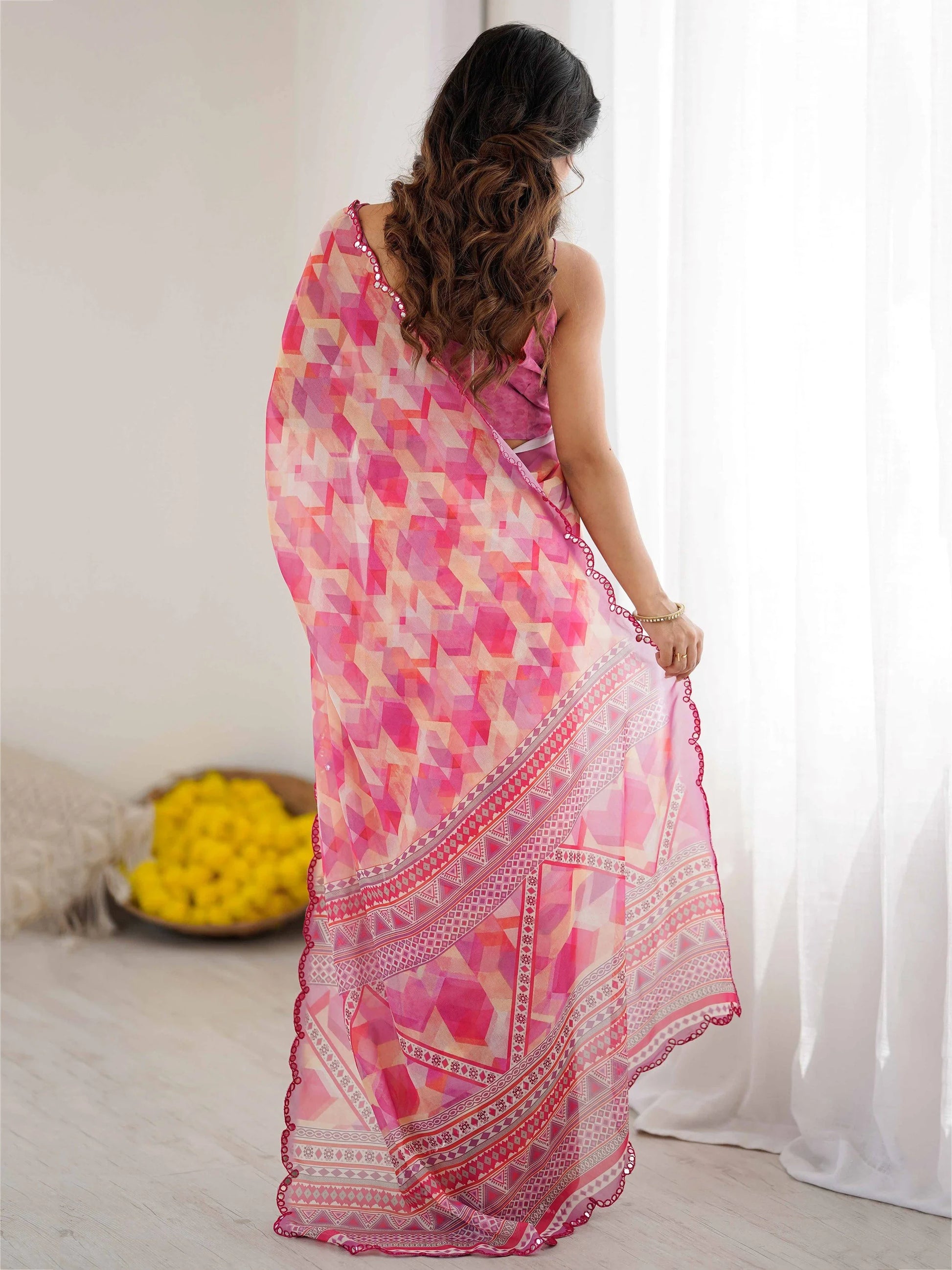 Magnificent Pink Digital Printed Georgette Engagement Wear Saree With Blouse