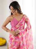Magnificent Pink Digital Printed Georgette Engagement Wear Saree With Blouse