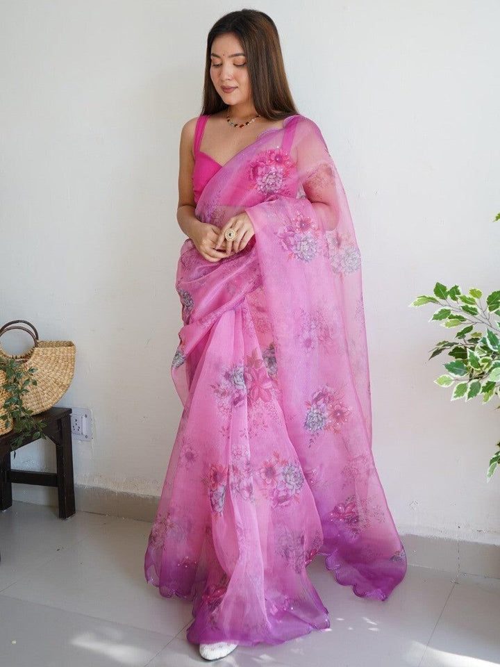 Magnificent Pink Floral Printed Organza Festive Wear Saree