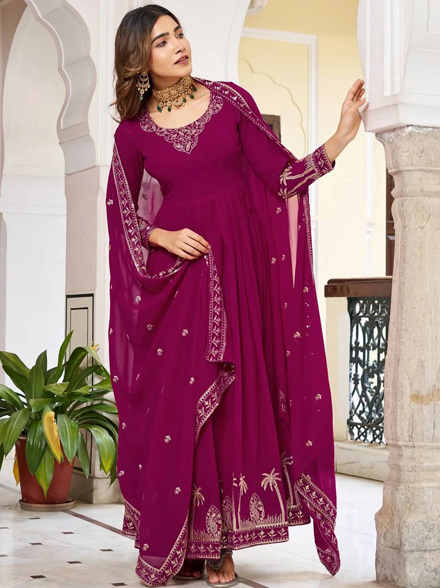Magnificent Pink Sequins Work Georgette Festive Wear Gown