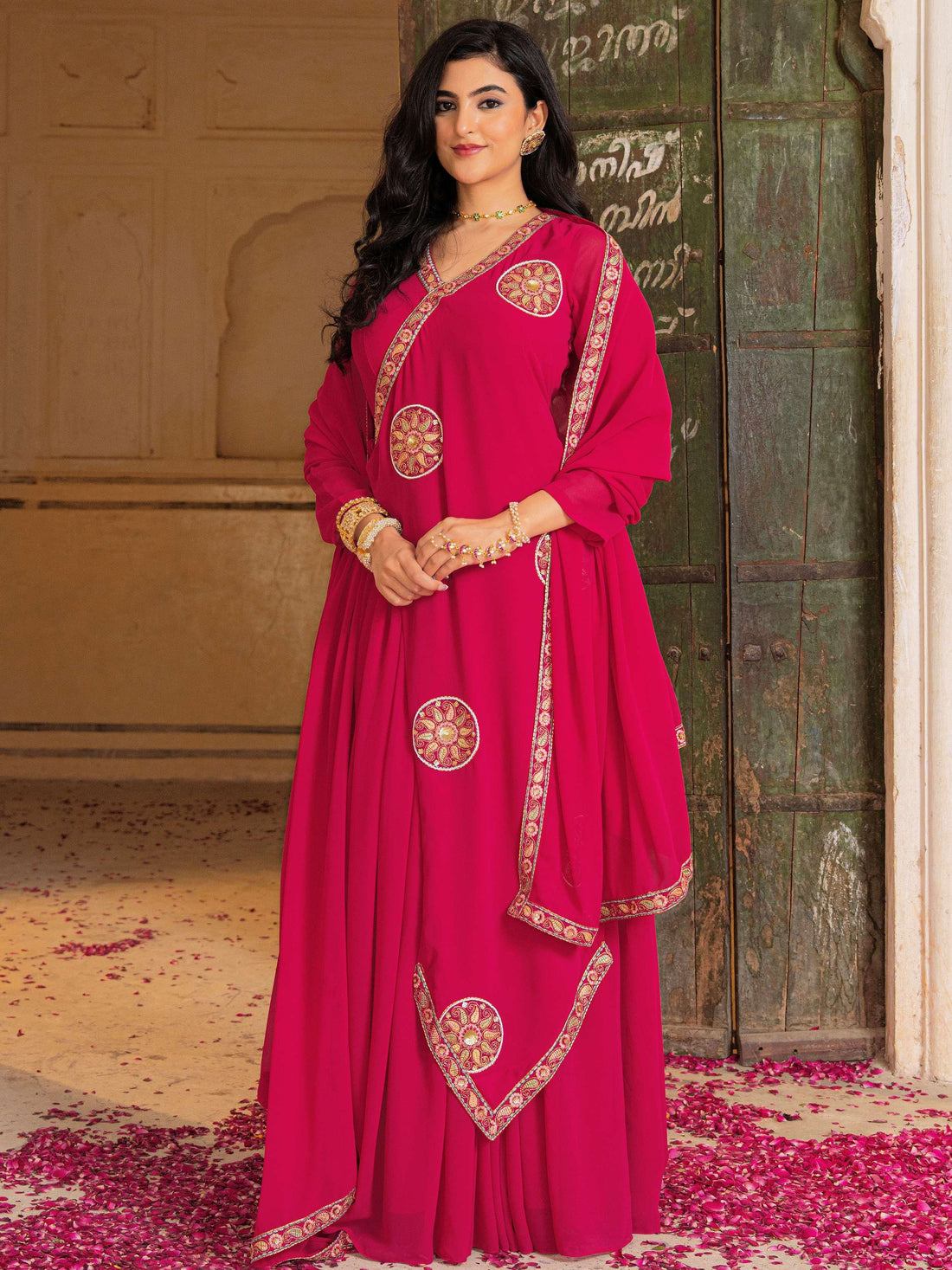 Magnificent Pink Thread Embroidery Georgette Festive Gown With Dupatta