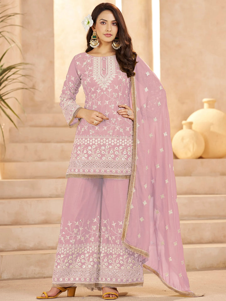 Magnificent Pink Thread Embroidery Georgette Festive Wear Palazzo Suit