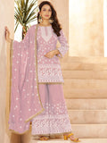 Magnificent Pink Thread Embroidery Georgette Festive Wear Palazzo Suit