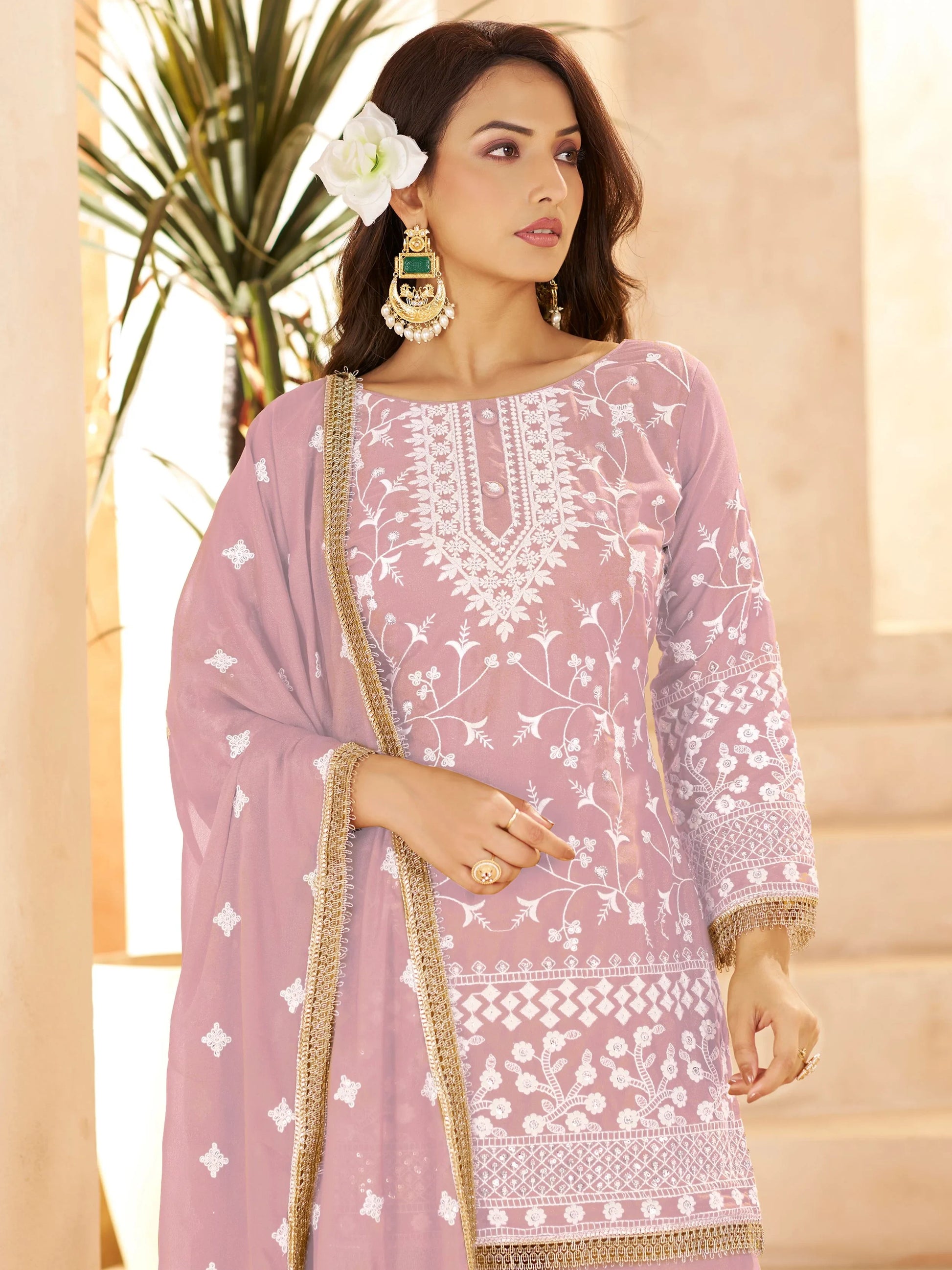 Magnificent Pink Thread Embroidery Georgette Festive Wear Palazzo Suit