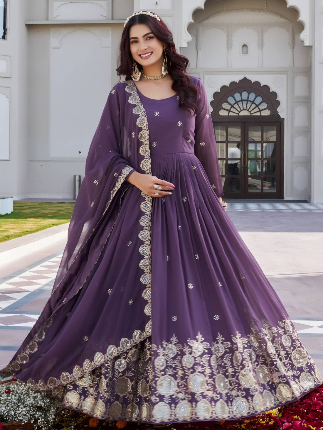 Magnificent Purple Sequins Work Georgette  Party Wear Gown