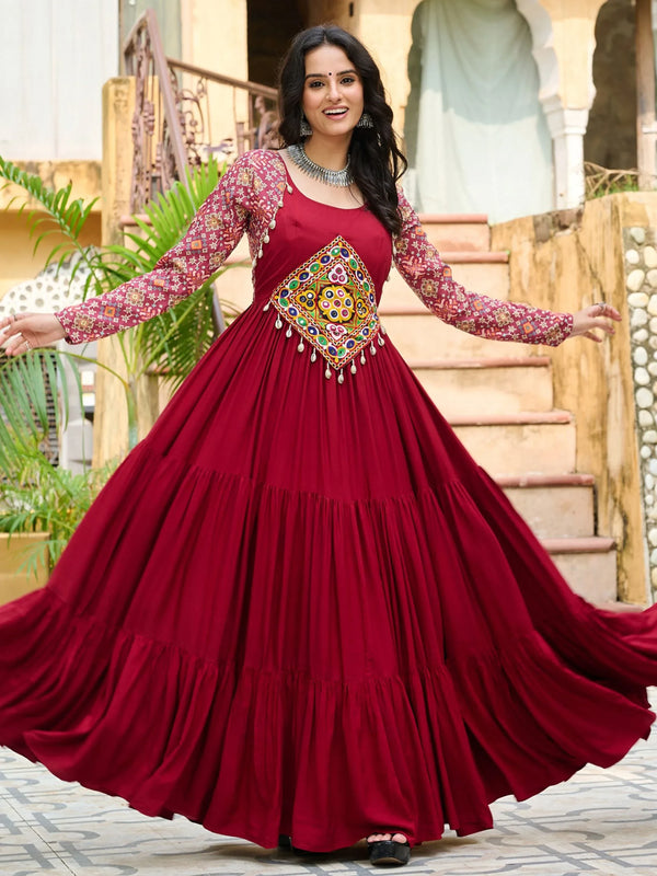 Magnificent Red Gamthi Work Rayon Navratri Wear Gown - Zeel Clothing