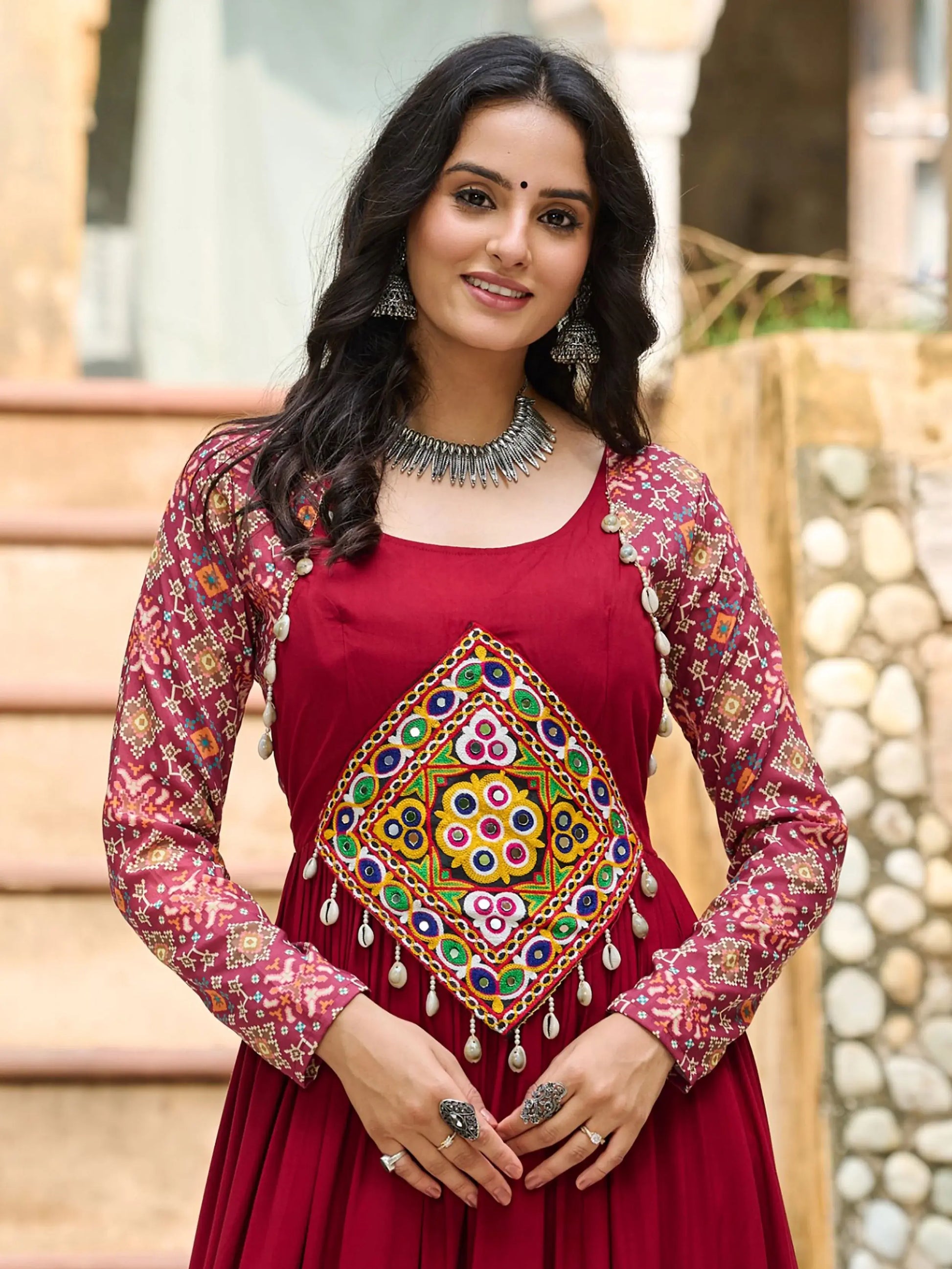 Magnificent Red Gamthi Work Rayon Navratri Wear Gown - Zeel Clothing
