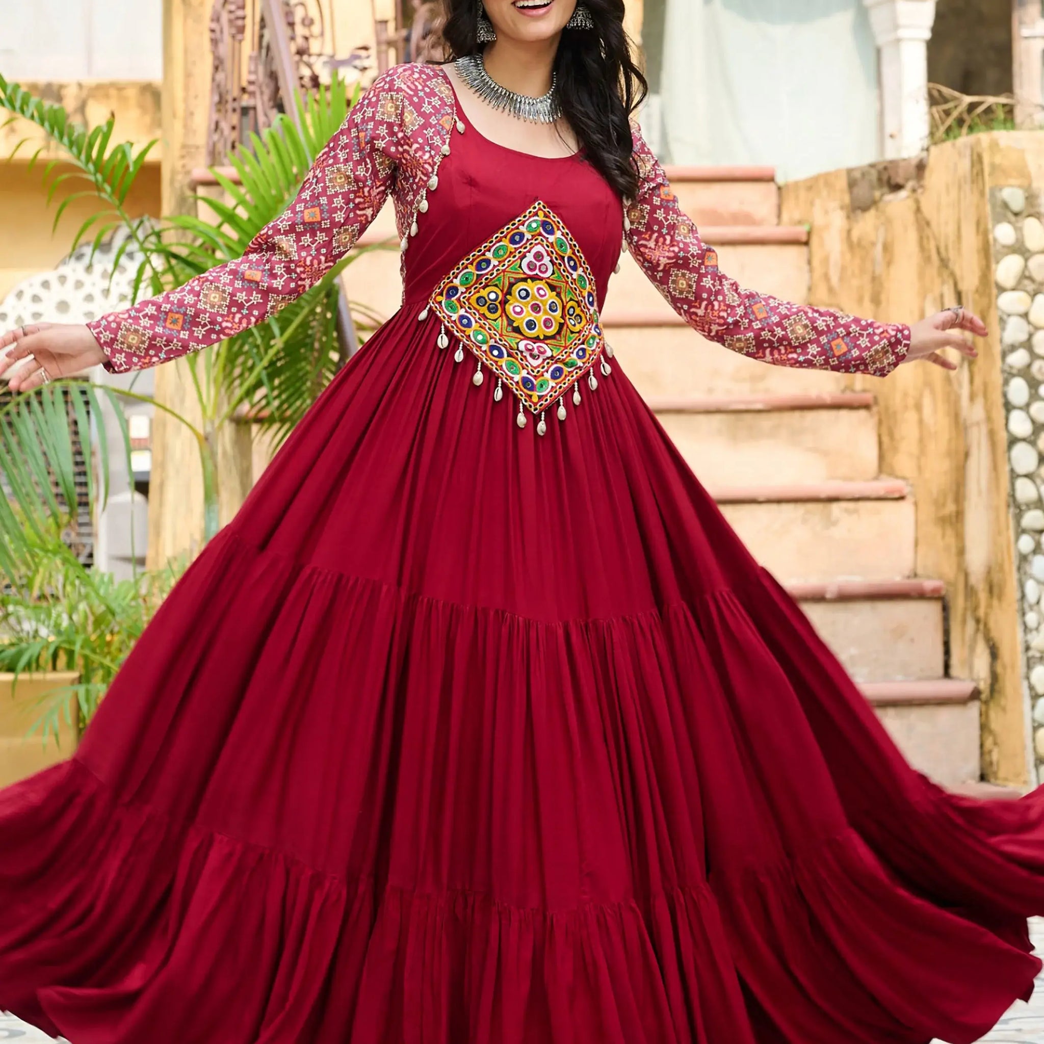 Magnificent Red Gamthi Work Rayon Navratri Wear Gown - Zeel Clothing