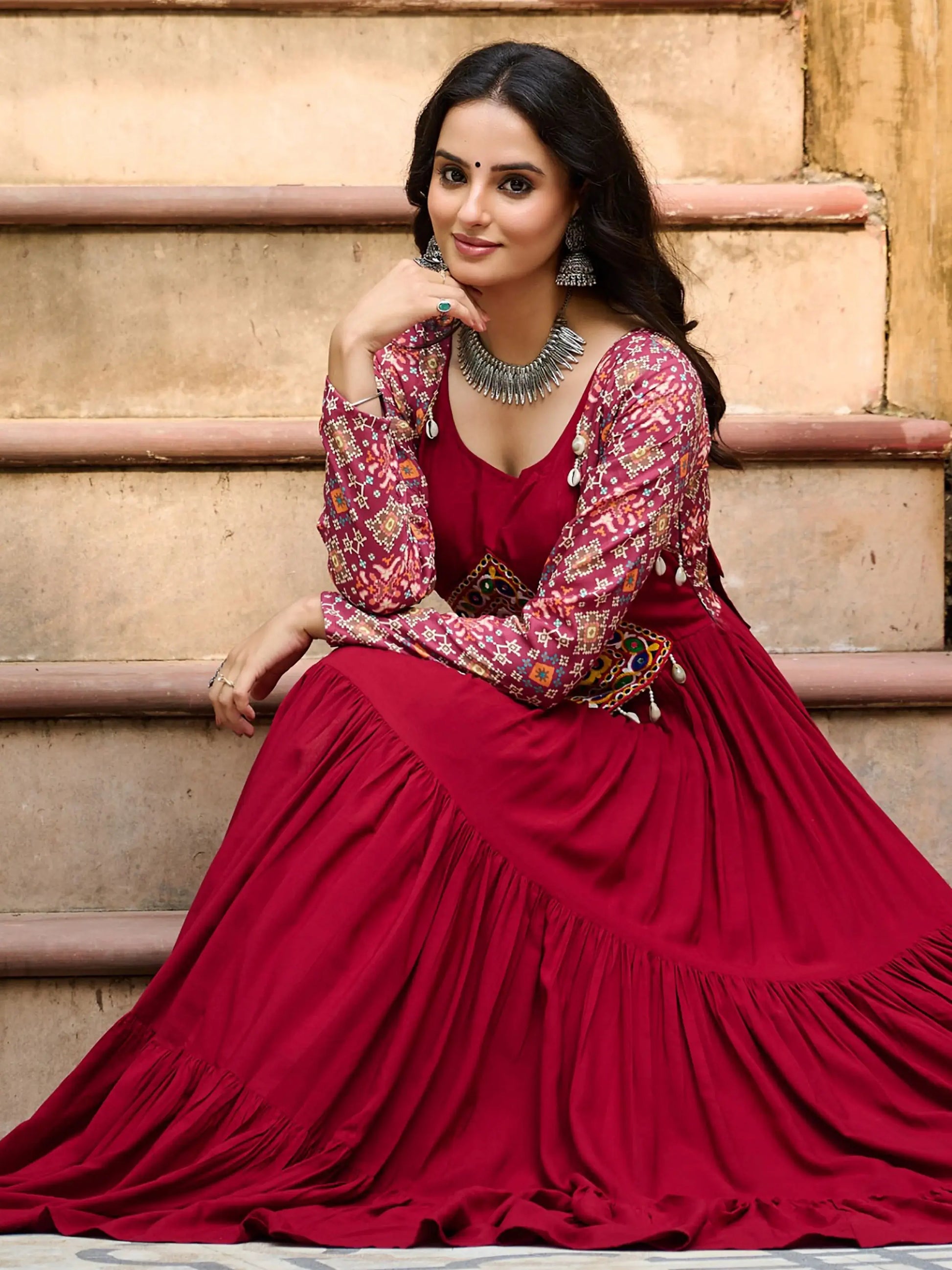 Magnificent Red Gamthi Work Rayon Navratri Wear Gown - Zeel Clothing