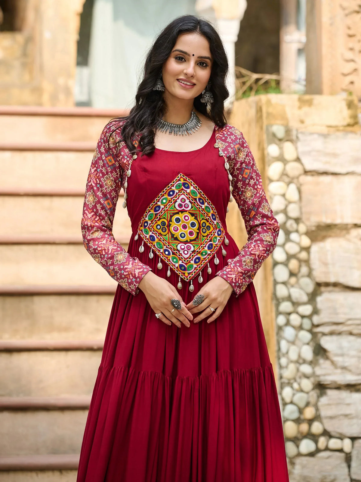 Magnificent Red Gamthi Work Rayon Navratri Wear Gown - Zeel Clothing