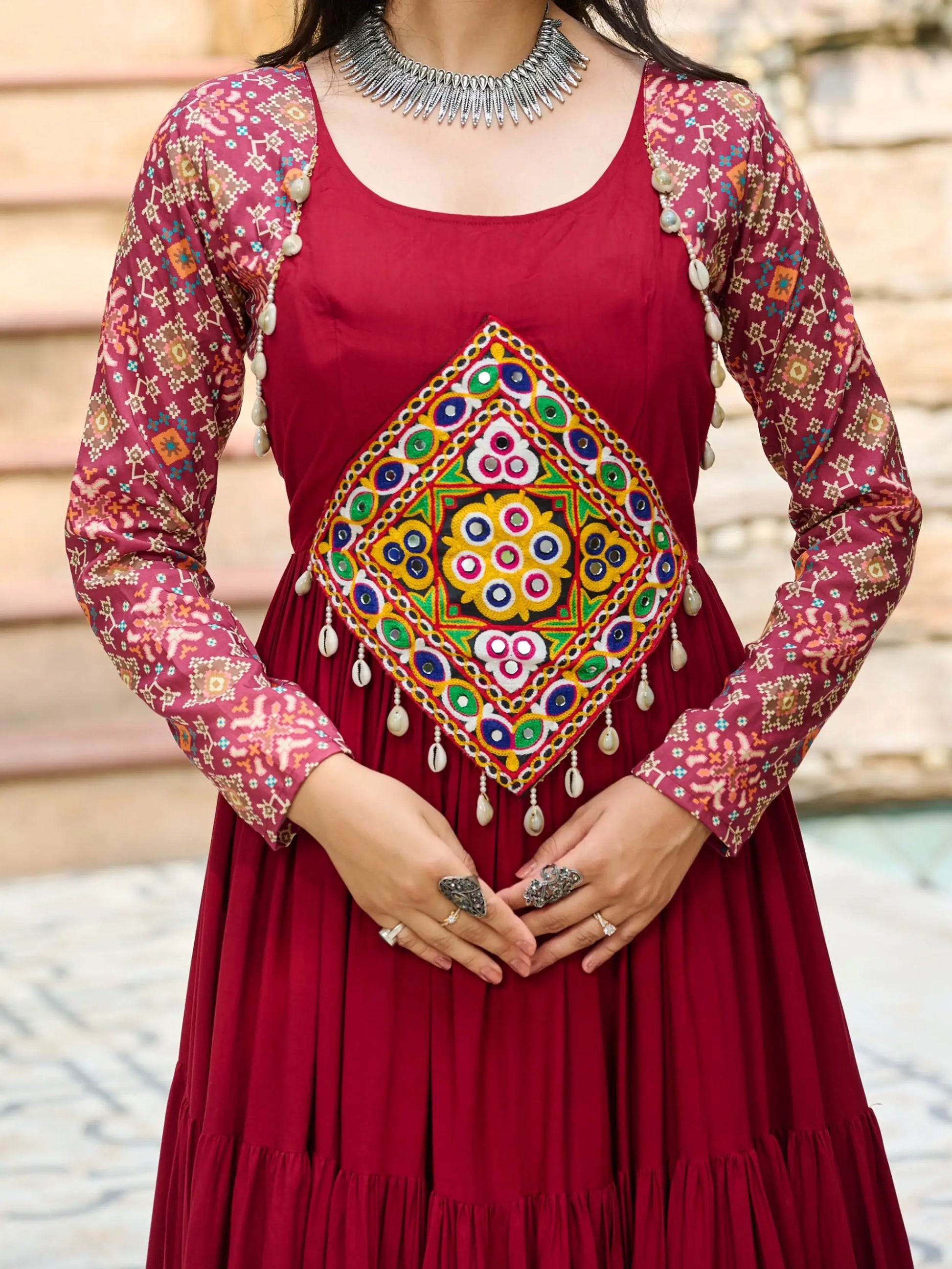 Magnificent Red Gamthi Work Rayon Navratri Wear Gown - Zeel Clothing