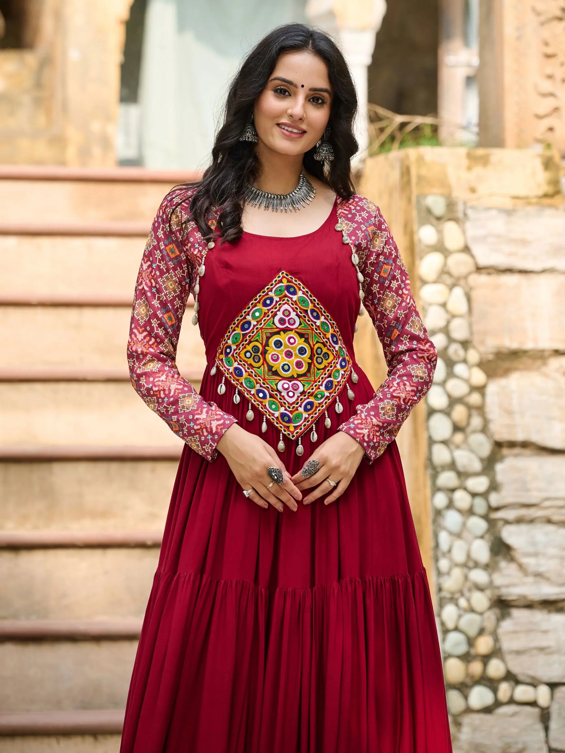 Magnificent Red Gamthi Work Rayon Navratri Wear Gown - Zeel Clothing