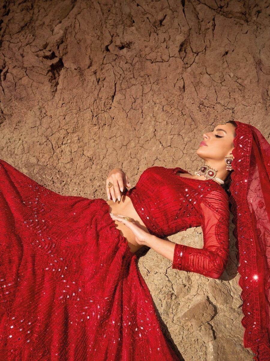 Magnificent Red Mirror Work Net Engagement Wear Lehenga Choli - Zeel Clothing