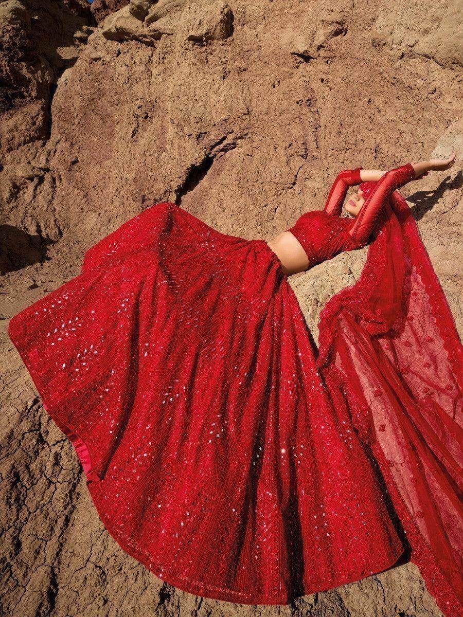 Magnificent Red Mirror Work Net Engagement Wear Lehenga Choli - Zeel Clothing