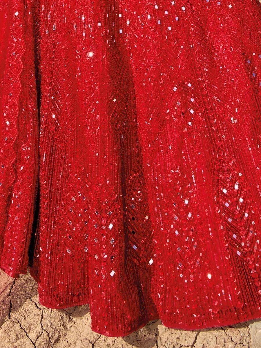 Magnificent Red Mirror Work Net Engagement Wear Lehenga Choli - Zeel Clothing