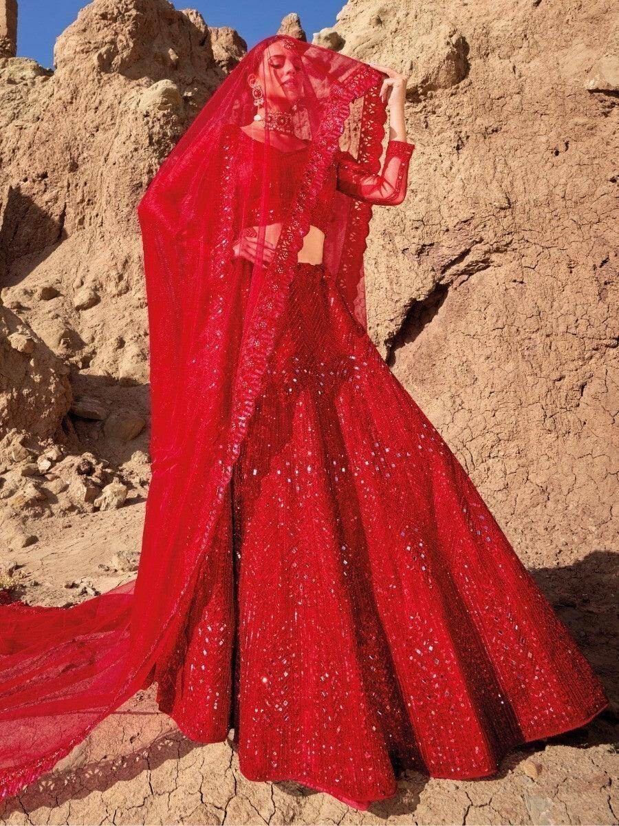 Magnificent Red Mirror Work Net Engagement Wear Lehenga Choli - Zeel Clothing