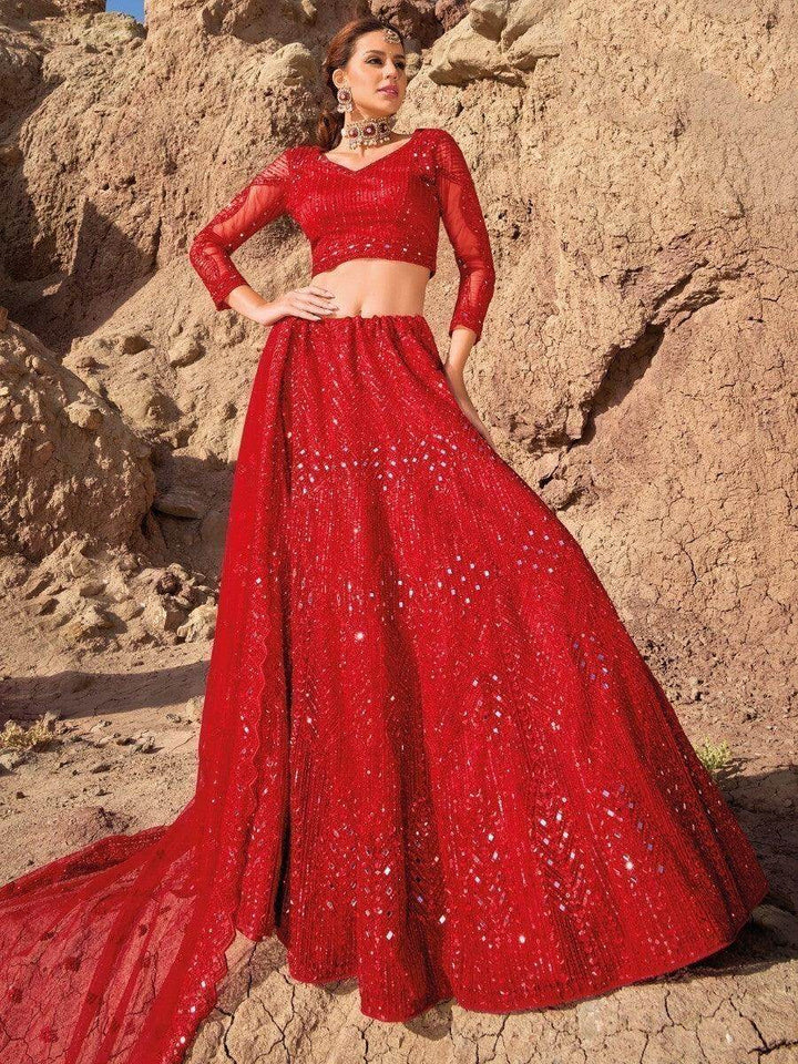 Magnificent Red Mirror Work Net Engagement Wear Lehenga Choli - Zeel Clothing