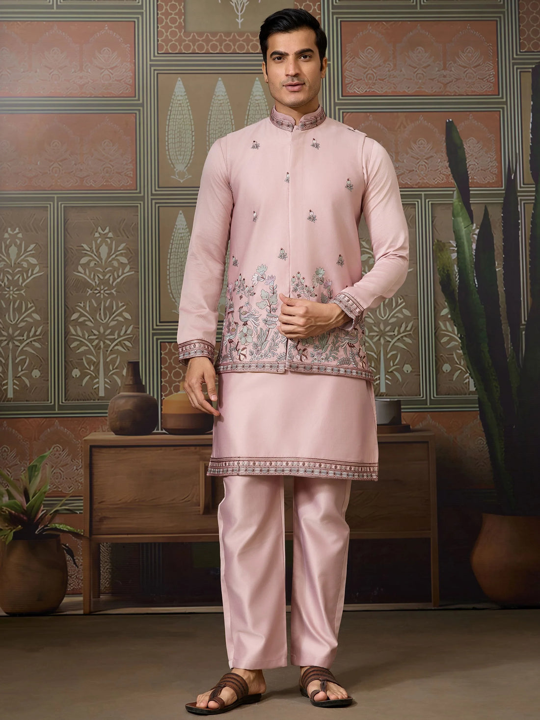 Magnificent Rose Pink Embroidered Silk Engagement Wear Men Kurta Set With Jacket