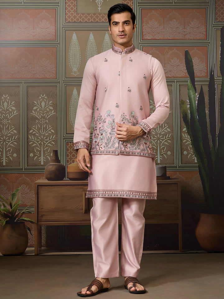Magnificent Rose Pink Embroidered Silk Engagement Wear Men Kurta Set With Jacket