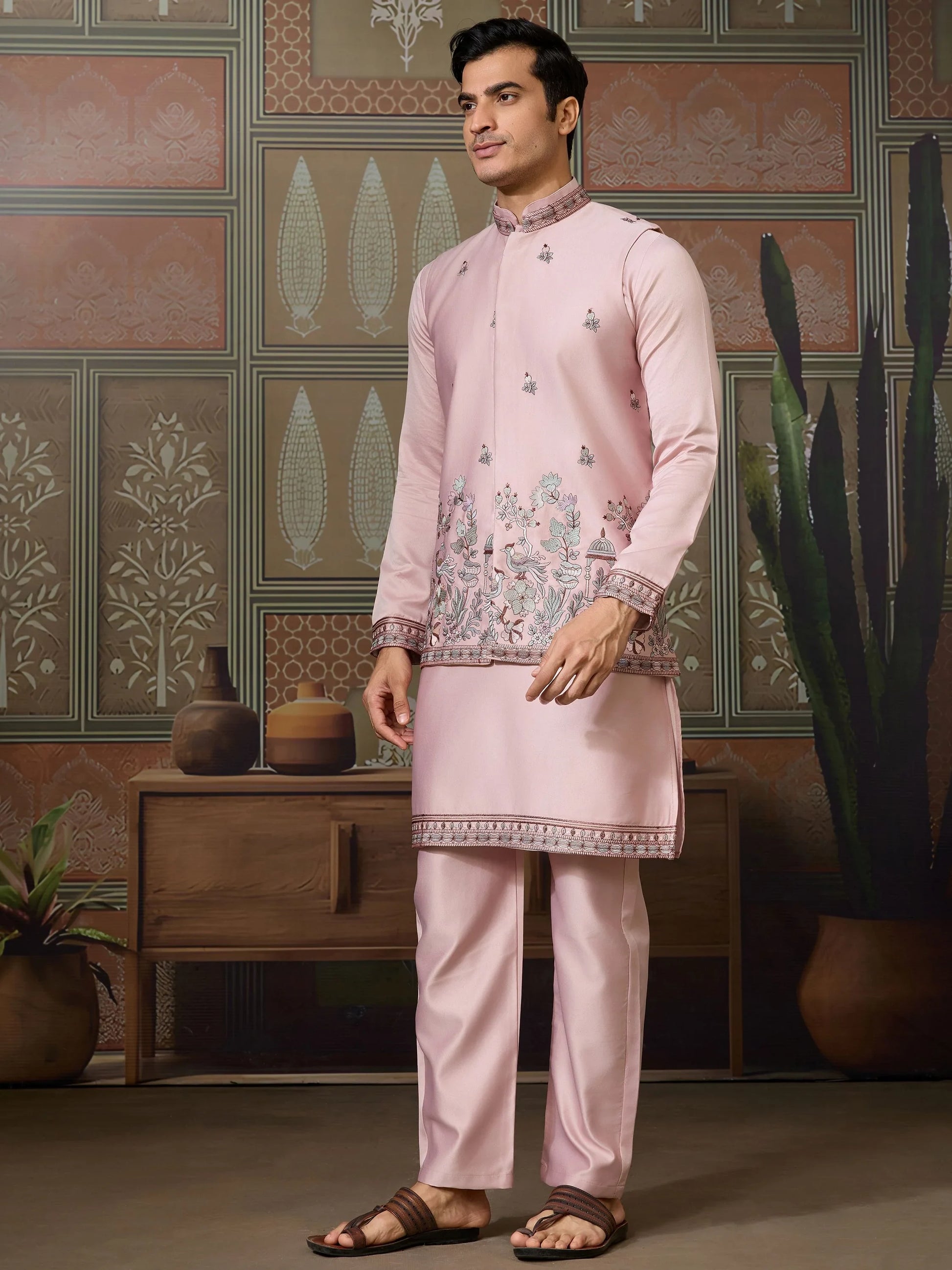 Magnificent Rose Pink Embroidered Silk Engagement Wear Men Kurta Set With Jacket