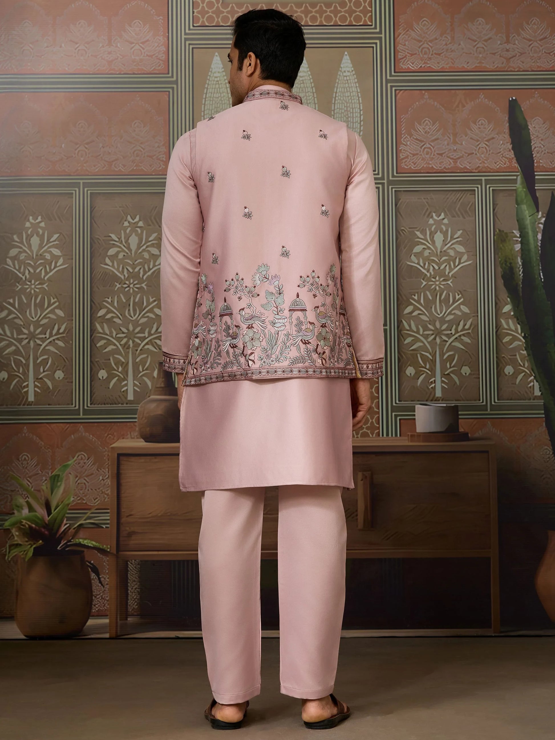 Magnificent Rose Pink Embroidered Silk Engagement Wear Men Kurta Set With Jacket