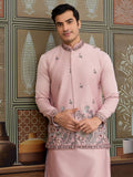 Magnificent Rose Pink Embroidered Silk Engagement Wear Men Kurta Set With Jacket