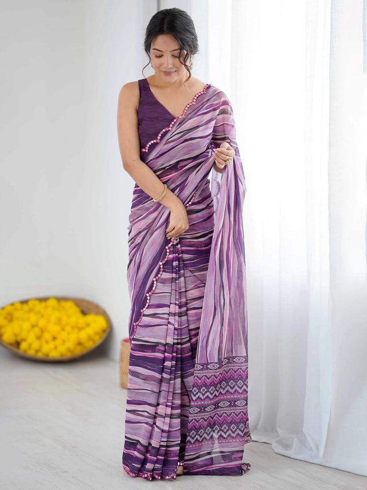 Magnificent Violet Digital Printed Georgette Evening Wear Saree With Blouse