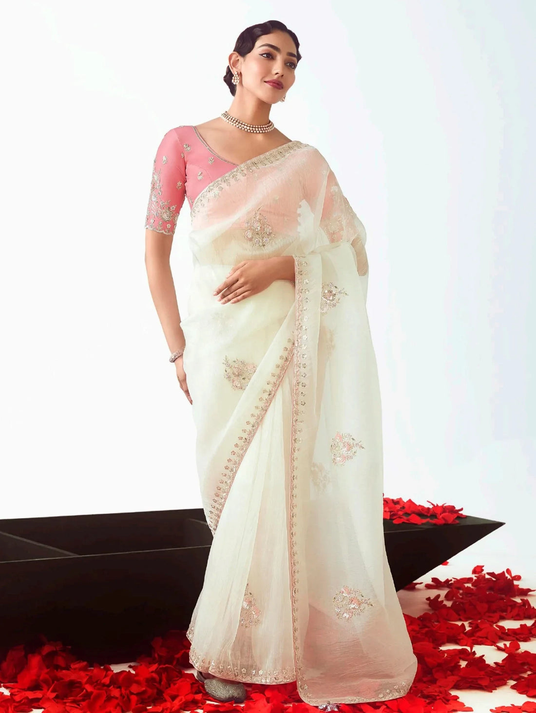 Magnificent White Zari Work Organza Traditional Saree With Blouse - Zeel Clothing