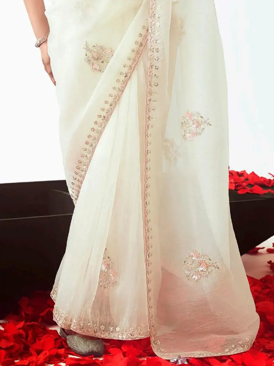 Magnificent White Zari Work Organza Traditional Saree With Blouse - Zeel Clothing