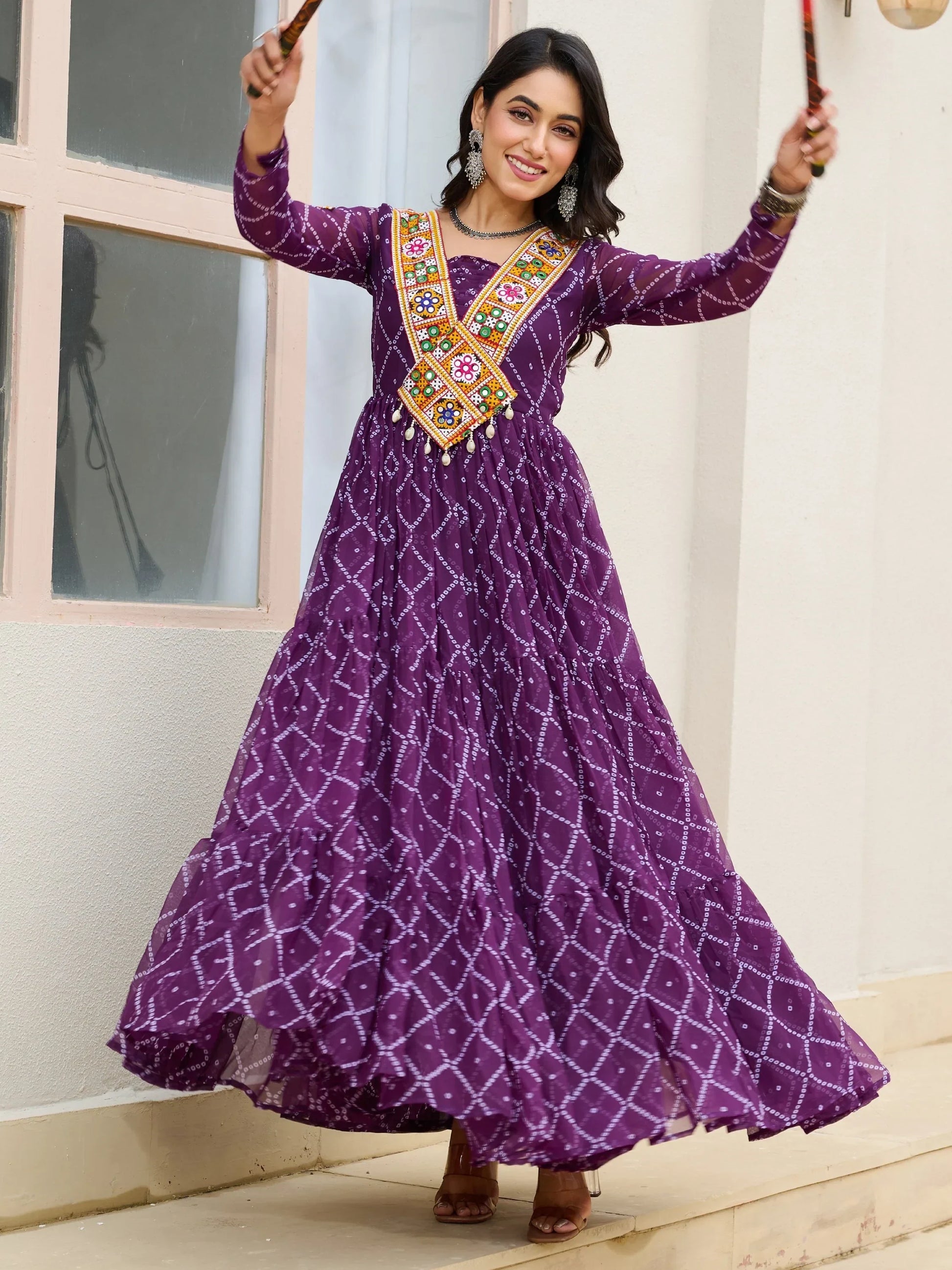 Magnificent Wine Bandhani Print Georgette Navratri Wear Gown - Zeel Clothing