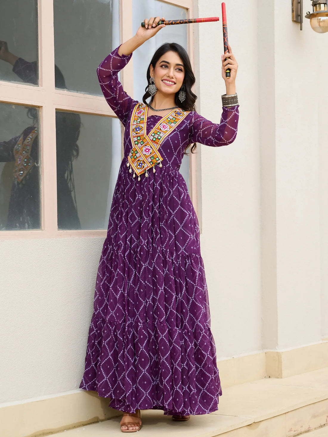 Magnificent Wine Bandhani Print Georgette Navratri Wear Gown - Zeel Clothing