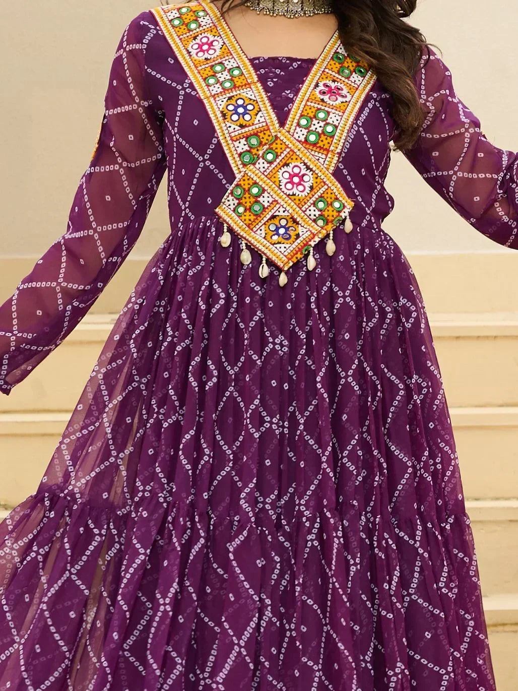 Magnificent Wine Bandhani Print Georgette Navratri Wear Gown - Zeel Clothing