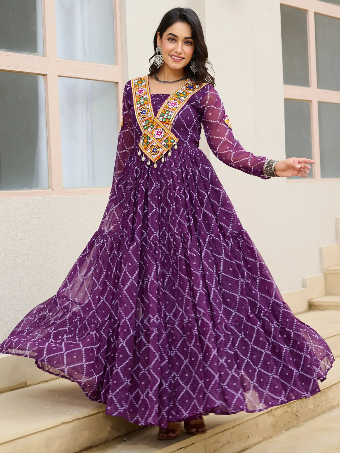 Magnificent Wine Bandhani Print Georgette Navratri Wear Gown - Zeel Clothing