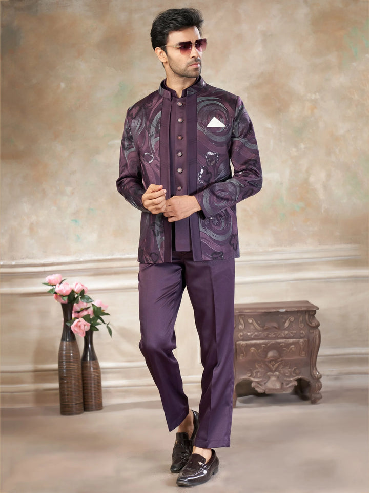 Magnificent Wine Floral Embroidery Imported Engagement Wear Jothpuri Set For Men