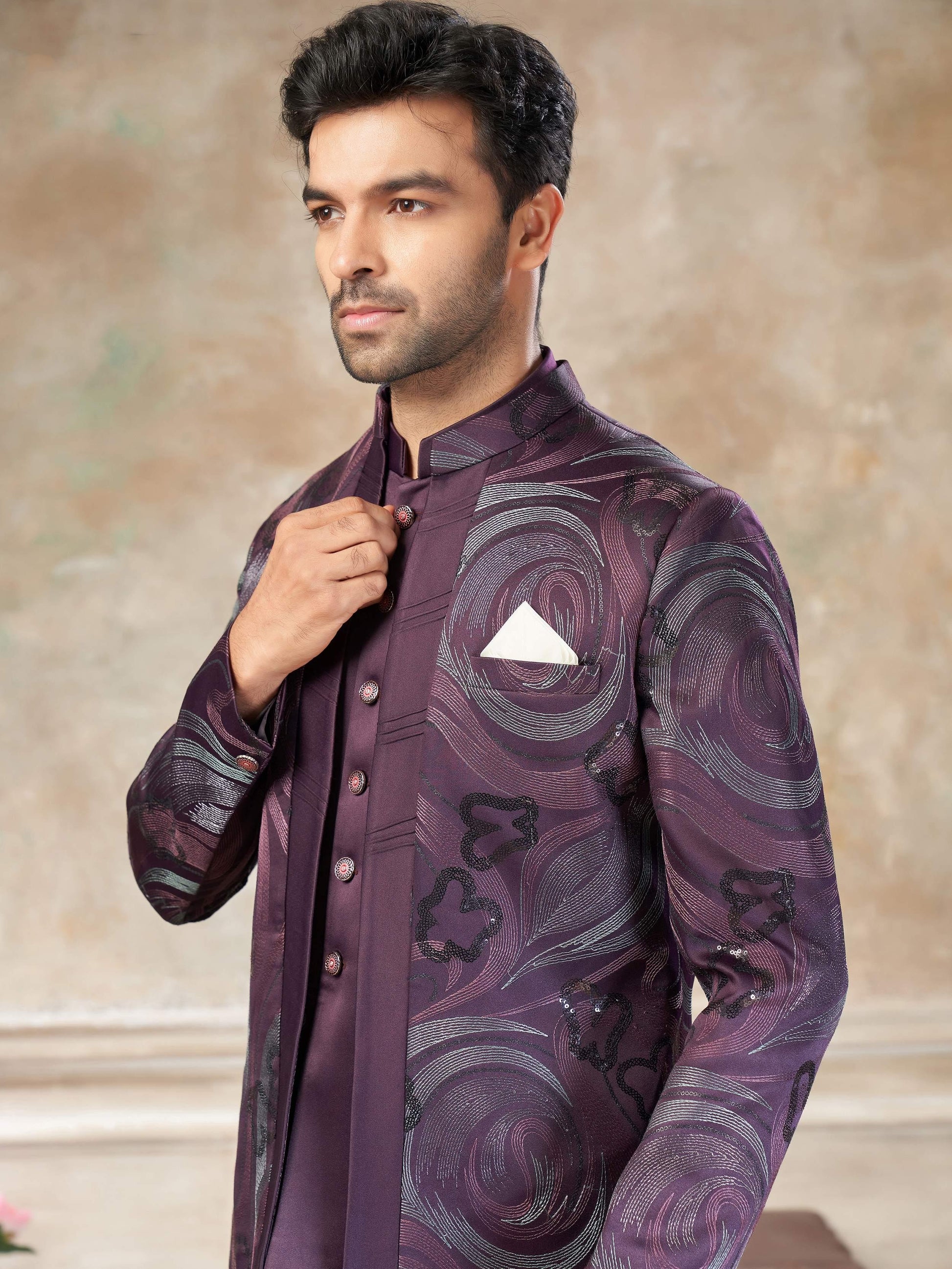 Magnificent Wine Floral Embroidery Imported Engagement Wear Jothpuri Set For Men