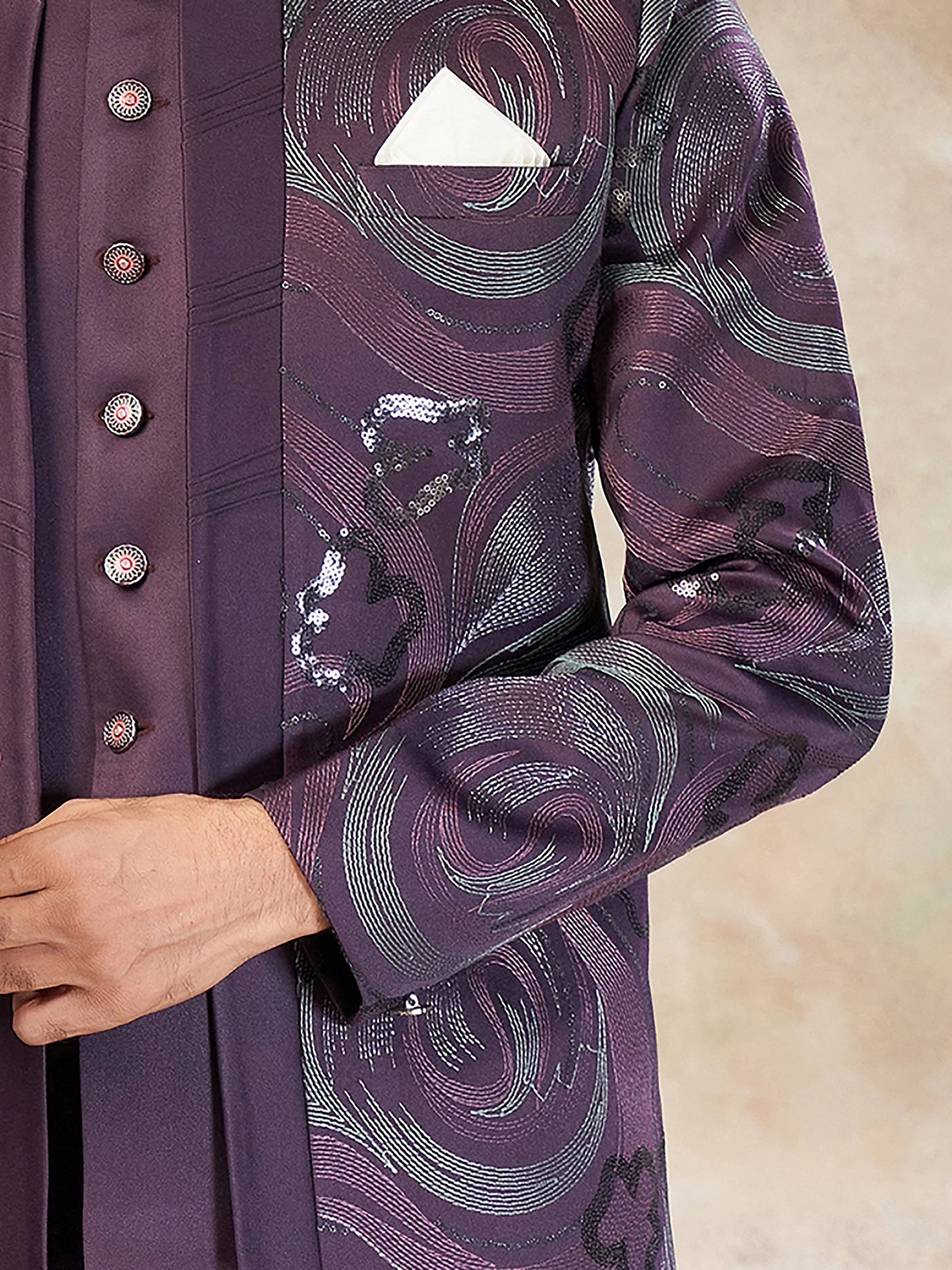 Magnificent Wine Floral Embroidery Imported Engagement Wear Jothpuri Set For Men