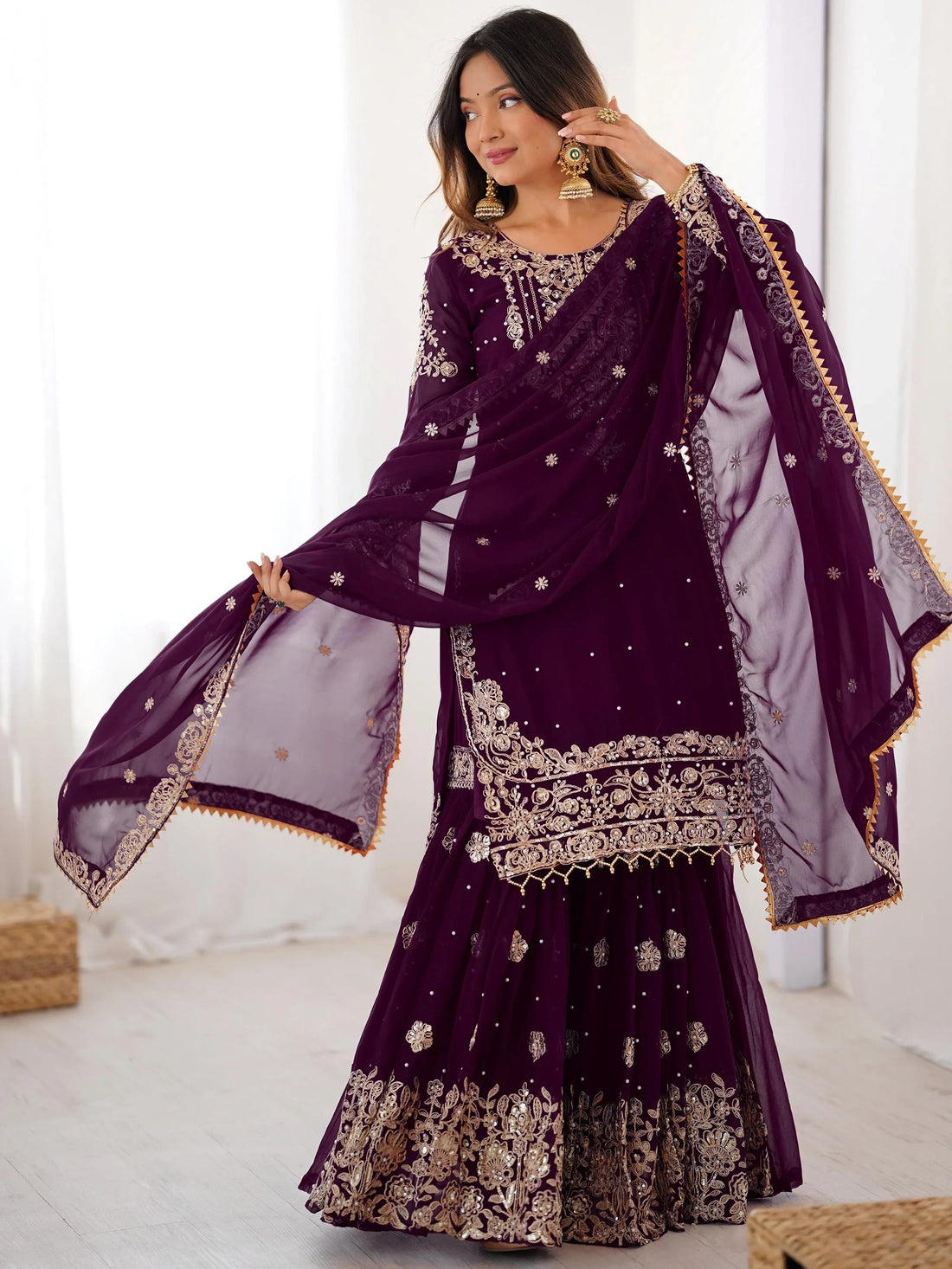 Magnificent Wine Pearl Work Georgette Engagement Wear Sharara Suit