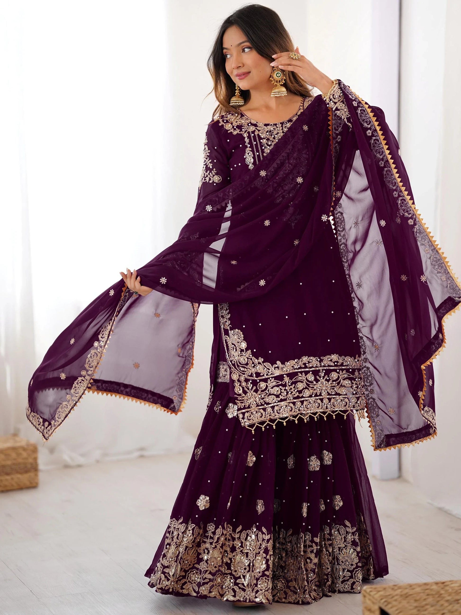 Magnificent Wine Pearl Work Georgette Engagement Wear Sharara Suit