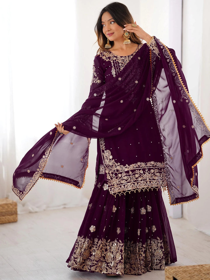 Magnificent Wine Pearl Work Georgette Engagement Wear Sharara Suit