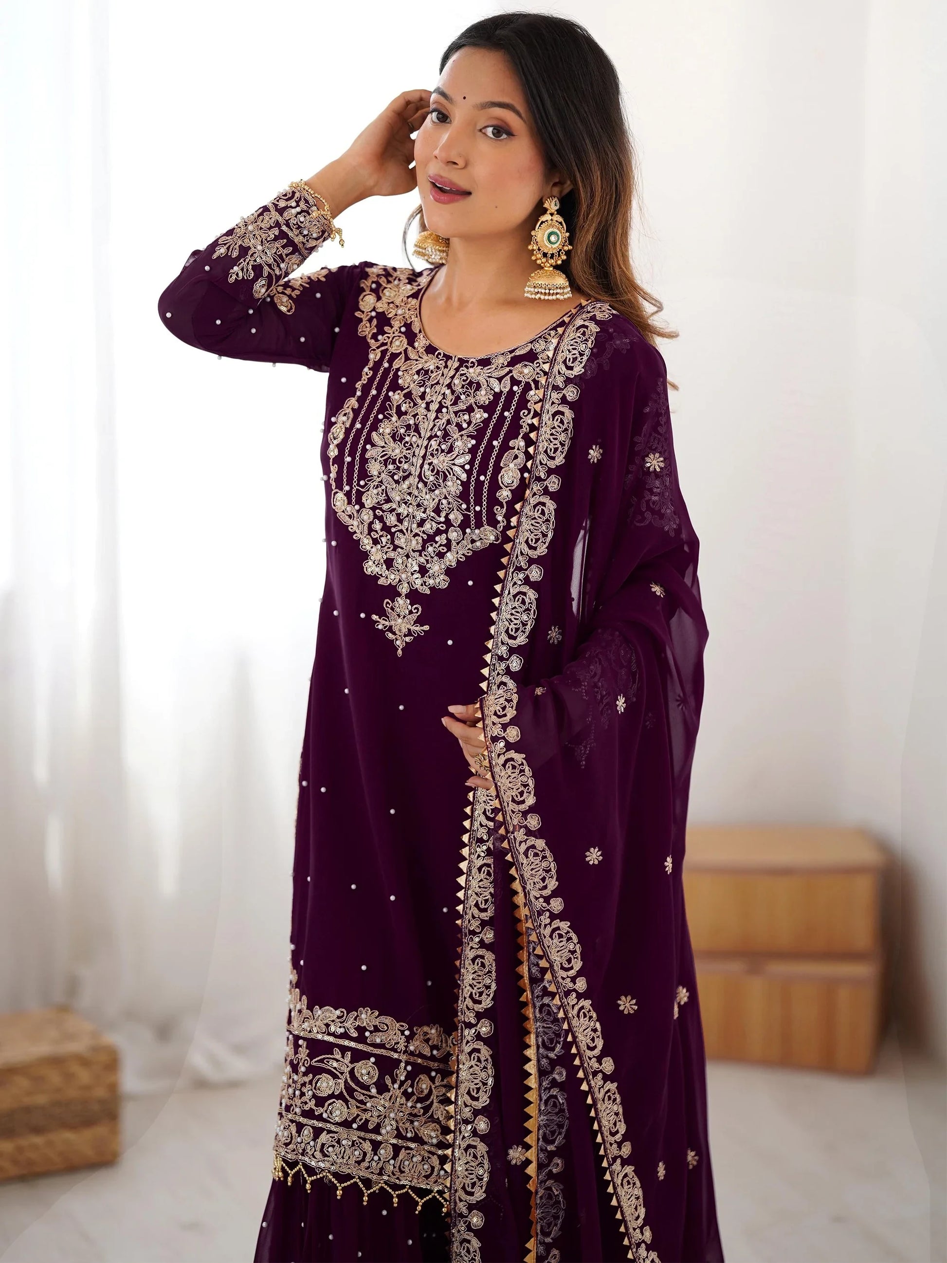 Magnificent Wine Pearl Work Georgette Engagement Wear Sharara Suit