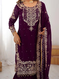 Magnificent Wine Pearl Work Georgette Engagement Wear Sharara Suit