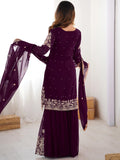 Magnificent Wine Pearl Work Georgette Engagement Wear Sharara Suit