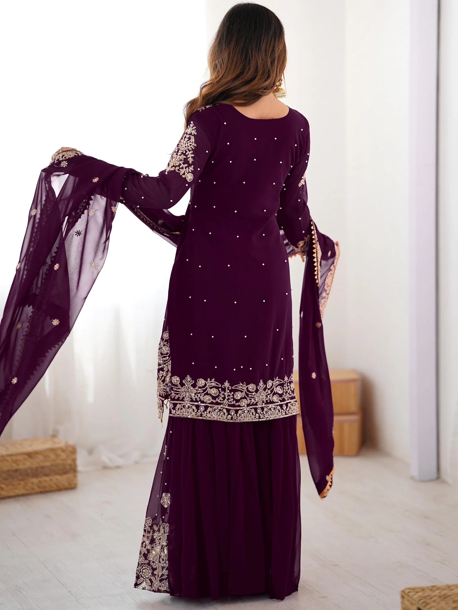 Magnificent Wine Pearl Work Georgette Engagement Wear Sharara Suit