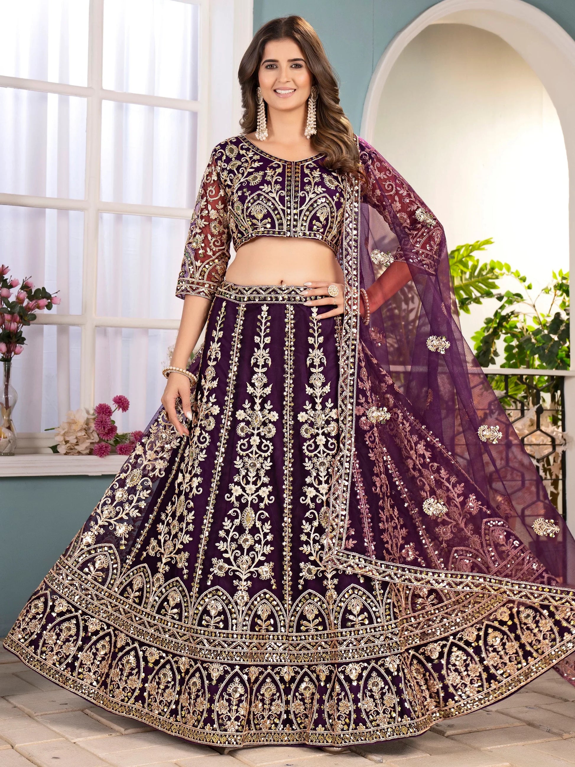 Magnificent Wine Sequins Embroidery Net Bridesmaid Wear Lehenga Choli - Zeel Clothing