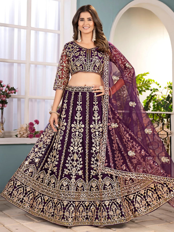 Magnificent Wine Sequins Embroidery Net Bridesmaid Wear Lehenga Choli - Zeel Clothing