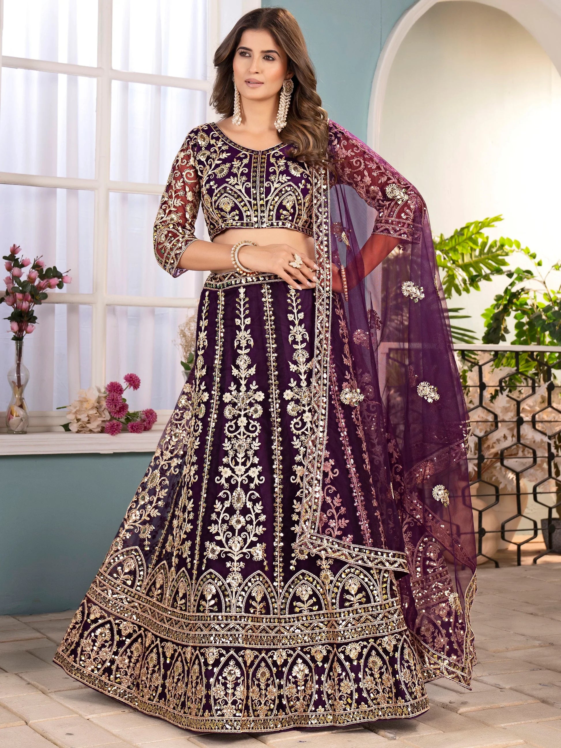 Magnificent Wine Sequins Embroidery Net Bridesmaid Wear Lehenga Choli - Zeel Clothing